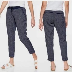 Athleta Linen Navy Pinstripe Drawstring Jogger Pants